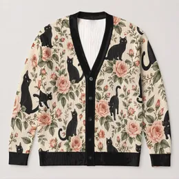 Black Cats And Blush Roses For Whimsical Everyday Layering, Garden Days And Cat Lovers All-over Print Knitted Cardigan