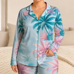 Pastel Tropical Palm Leaf Loungewear For Summer Beach Getaways For Women Vacation Satin Pajamas Set