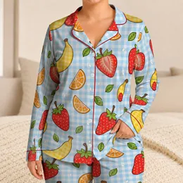 Cheerful Fruit Gingham Summer Cozy Loungewear Gift For Women And Teens At Home Nights Satin Pajamas Set