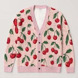 Red Cherry and Green Leaf Motif for Spring Beach Vacations and Casual Everyday Style All-over Print Knitted Cardigan