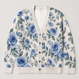 Blue Watercolor Rose Blossoms for Elegant Spring Layering, Women's Romantic Style All-over Print Knitted Cardigan