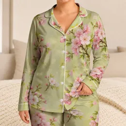 Soft Sage Cherry Blossom Evening Wear For Cozy Spring Nights And Luxury Gifting Satin Pajamas Set