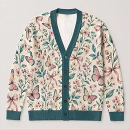 Watercolor Butterfly Floral Bow Motifs for Elegant Everyday Layering and Garden Style All-over Print Knitted Cardigan