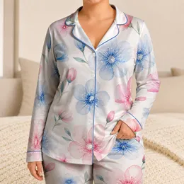 Powder Blue Watercolor Blossoms for Spring Gifts, Cozy Home Lounge for Women Set Satin Pajamas Set