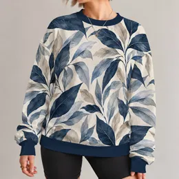 Navy Blue and Ivory Botanical Leaves for Refined Everyday Autumn Style All-over Print Knitted Sweater