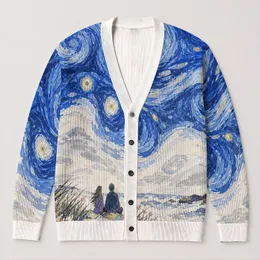 Blue Ocean Swirls and Golden Orbs for Easy Resort Layering Women's Coastal Style All-over Print Knitted Cardigan