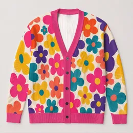 Colorful Retro Floral Motifs for Spring Getaways and Everyday Layering for Modern Women All-over Print Knitted Cardigan