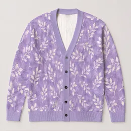 Lavender White Leaf Botanical Everyday Layering Style For Plus Size Women, Fall Comfort All-over Print Knitted Cardigan