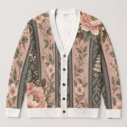 Blush Floral Evergreen Accents for Cozy Holiday Layering and Women's Winter Wardrobe All-over Print Knitted Cardigan