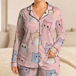 Cute Cat Faces Blush Pink Bedtime Lounge Gift for Cat Lovers Women Adults Cozy Home Satin Pajamas Set