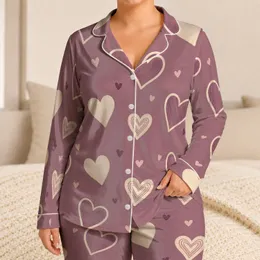 Dusty Mauve Heart Motif Romantic Cozy Gift Idea for Valentine's Day Couple Lovers Satin Pajamas Set