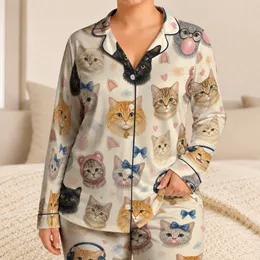 Cute Cat Bubblegum Kitten And Tabby Faces For Cozy Weekend Lounging, Women Gift Idea Satin Pajamas Set
