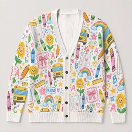 School Bus Sunflower Classroom Motifs For Cheerful Everyday Layering And Back To School All-over Print Knitted Cardigan