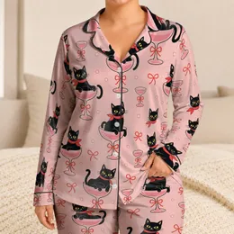 Black Cat Cocktail Glasses Lounge Gift for Cat Lovers, Cozy Evenings for Women at Home Satin Pajamas Set
