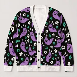 Purple Slug Monsters and Daisies for Playful Everyday Layering Style for Casual Men All-over Print Knitted Cardigan