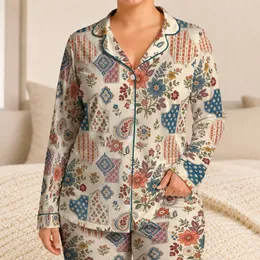 Vintage Botanical Patchwork Floral Loungewear for Relaxed Weekend Mornings, Women Satin Pajamas Set