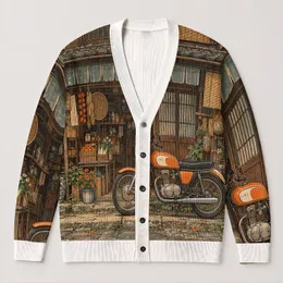 Retro Japanese Corner Shop Motorcycle Scene For Casual Streetwear And Weekend Rides All-over Print Knitted Cardigan