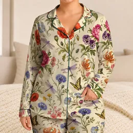 Vintage Floral Garden With Dragonflies For Elegant Lounging And Women's Relaxed Nights Satin Pajamas Set