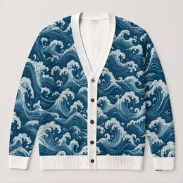 Vintage Ocean Wave Swirls for Relaxed Coastal Everyday Layering and Streetwear Style All-over Print Knitted Cardigan