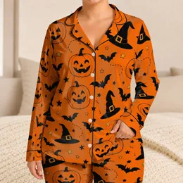 Vibrant Pumpkin Witch Hat Bat Halloween Sleepwear Set For Cozy Festive Nights At Home Satin Pajamas Set