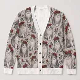 White Cat Rose Motif Casual Layering Style for Everyday Fall and Winter Weekend Outfits All-over Print Knitted Cardigan