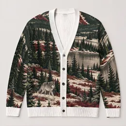 Mountain Forest Wolf Scene for Relaxed Outdoor Layering, Men’s Casual Cabin Style All-over Print Knitted Cardigan
