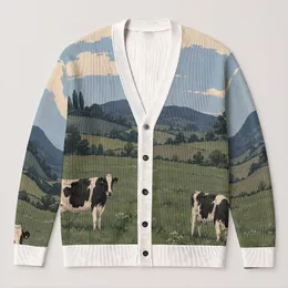 Pasture Cow Landscape for Relaxed Weekend Layering and Everyday Country Style Wear All-over Print Knitted Cardigan