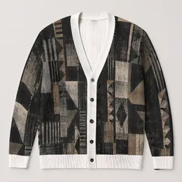Black Taupe Geometric Patchwork Motifs for Casual Layering and Everyday Men's Streetwear All-over Print Knitted Cardigan