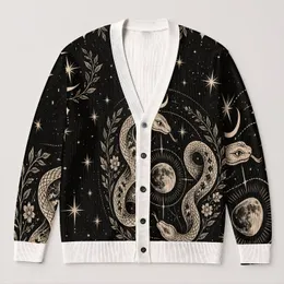 Celestial Moon Snake Medallion for Casual Layering and Nighttime Streetwear Style All-over Print Knitted Cardigan