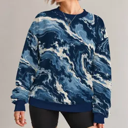 Abstract Navy And Slate Blue Waves For Relaxed Autumn Outings And Everyday Casual Wear All-over Print Knitted Sweater
