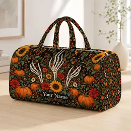 Autumn Skeleton Hands Pumpkins and Wildflowers for Halloween Getaways and Fall Travel Quilted Weekend Bag