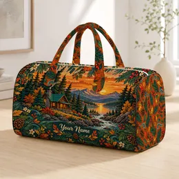 Rustic Cabin, Pine Forest And Mountain Sunset For Camping And Weekend Getaways Outdoors Quilted Weekend Bag