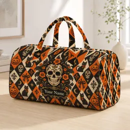 Halloween Harlequin Skulls, Pumpkins and Bows for Seasonal Travel and Autumn Getaways Quilted Weekend Bag