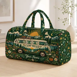 Retro Camper Van Wildflower Sunset Adventure for Free-Spirited Camping Travelers Quilted Weekend Bag