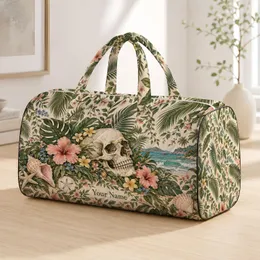 Ivory Skull With Tropical Florals for Coastal Getaways and Summer Travel Adventures Quilted Weekend Bag
