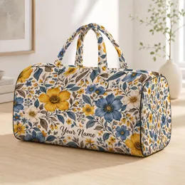 Mustard And Slate Blue Wildflowers For Chic Vacation Getaways And Everyday Travel Quilted Weekend Bag