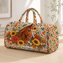 Chestnut Horse and Autumn Wildflowers for Countryside Travel and Weekend Getaways Quilted Weekend Bag