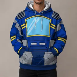 Retro mechanical-character costume surface with a blue body Cyan Chest Screen Yellow Bars and gray segmented panels. All-over Print Hoodie (Lightweight)