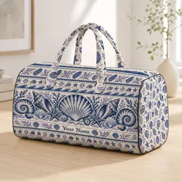 Navy Seashells and Coastal Wave Bands for Relaxed Summer Beach Getaways by the Shore Quilted Weekend Bag