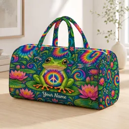 Rainbow Tie-Dye Frog with Peace Sign for Festival Travel and Summer Getaways Quilted Weekend Bag