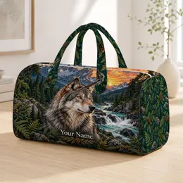 Wilderness Wolf and Evergreen River Valley for Scenic Road Trips and Outdoor Getaways Quilted Weekend Bag