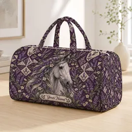 Gray Horse with Lavender Botanical Mane for Equestrian Travel and Country Escapes Quilted Weekend Bag