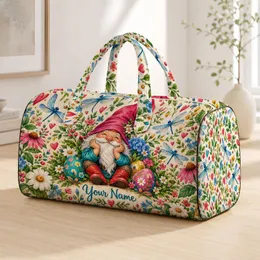 Whimsical Garden Gnome, Dragonflies and Hearts for Cheerful Weekend Getaways Quilted Weekend Bag