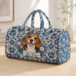 Beagle Portrait With Paw Hearts for Pet-Loving Summer Travel and Family Getaways Quilted Weekend Bag