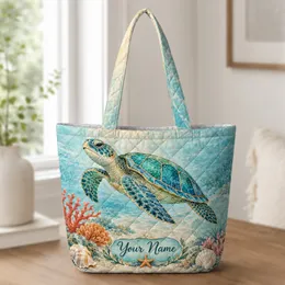 Colorful Sea Turtle Coral Reef Art for Beach Days and Coastal Getaways Quilted Tote Bag