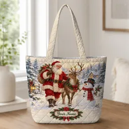 Vintage Santa Reindeer Snowman Christmas Gift Scene for Festive Winter Holiday Cheer Quilted Tote Bag