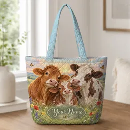 Three Highland Cows With Wildflowers for Farmhouse Living and Cow Lovers Quilted Tote Bag