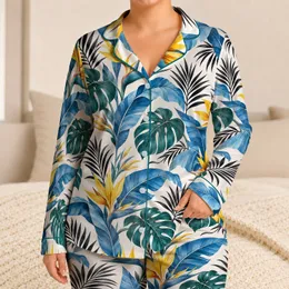 Blue Tropical Leaves and Yellow Blooms for Sunny Getaways and Relaxed Weekends Satin Pajamas Set