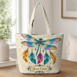 Jewel-Toned Dragonfly and Feather Keepsake for Nature Lovers and Bohemian Style Quilted Tote Bag
