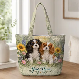 Cavalier Spaniel Puppies in a Garden for Dog Lovers and Springtime Gifting Quilted Tote Bag